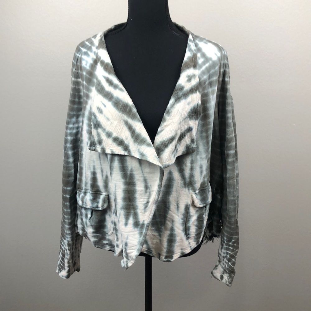 XCVI Tie-Dye Waterfall Drape Long Sleeves Raw Edge Tiered Layered Cardigan